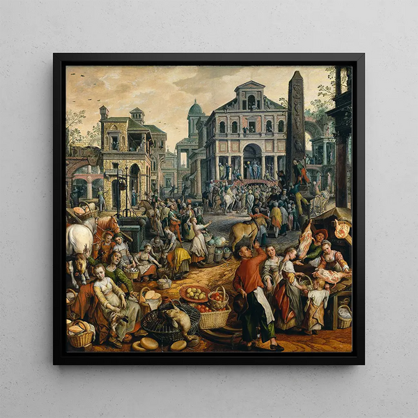Scene of Market with Ecce Homo - Joachim Beuckelaer — framed artwork on a wall