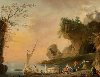 a Mediterranean coastal landscape with boats and figures - School of Charles François Lacroix — artwork view