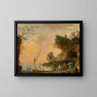a Mediterranean coastal landscape with boats and figures - School of Charles François Lacroix — framed artwork on a wall