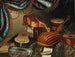musical instruments, sheet music, and books on a table covered with a rug - Bergamo School — artwork view