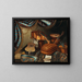 musical instruments, sheet music, and books on a table covered with a rug - Bergamo School — framed artwork on a wall