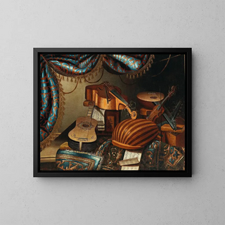 musical instruments, sheet music, and books on a table covered with a rug - Bergamo School — framed artwork on a wall