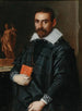 Portrait of a gentleman in three-quarter view holding a book with a statue in the background - School of Bergamo — artwork view