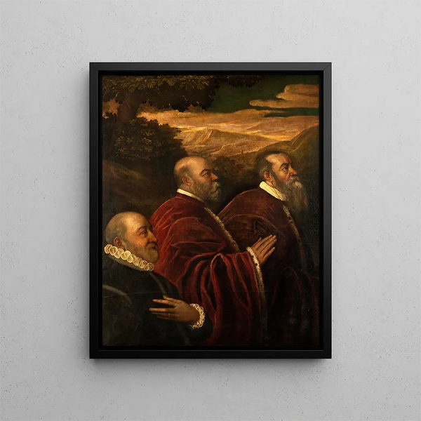 Trois conseillers vénitiens - École de Jacopo Tintoretto — framed artwork on a wall
