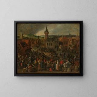 Market Day in a Flemish Town - Sebastian Vrancx — framed artwork on a wall