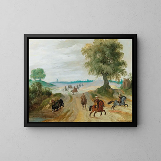 Soldiers on horseback in a landscape - Sebastian Vrancx — framed artwork on a wall