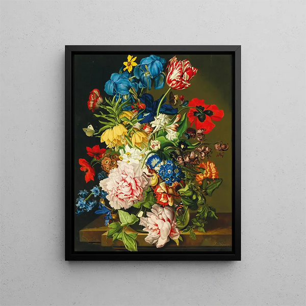 Bouquet de fleurs avec des papillons - Sebastian Wegmayr — framed artwork on a wall