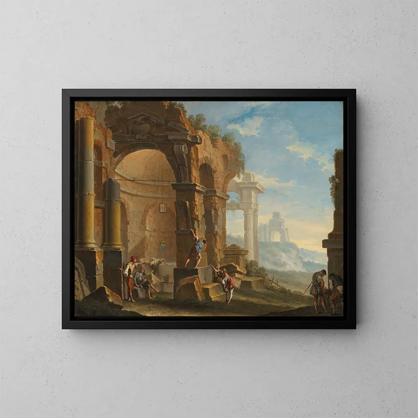 a Caprice with figures conversing among classical ruins - Sebastiano Ricci — framed artwork on a wall