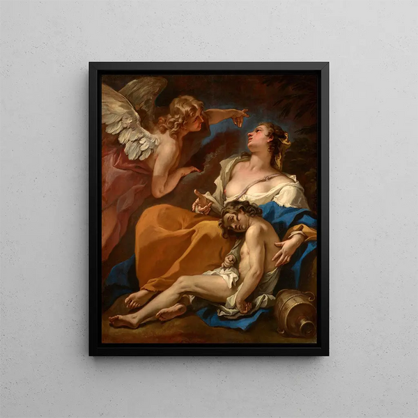 Agar and Ismael Saved by the Angel - Sebastiano Ricci — framed artwork on a wall