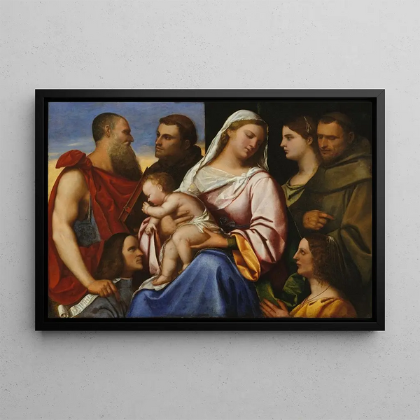 Madonna and Child with Saints and Donors - Sebastiano del Piombo — framed artwork on a wall