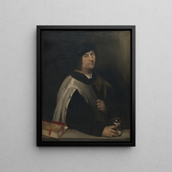 Prelate with an hourglass - Sebastiano del Piombo — framed artwork on a wall