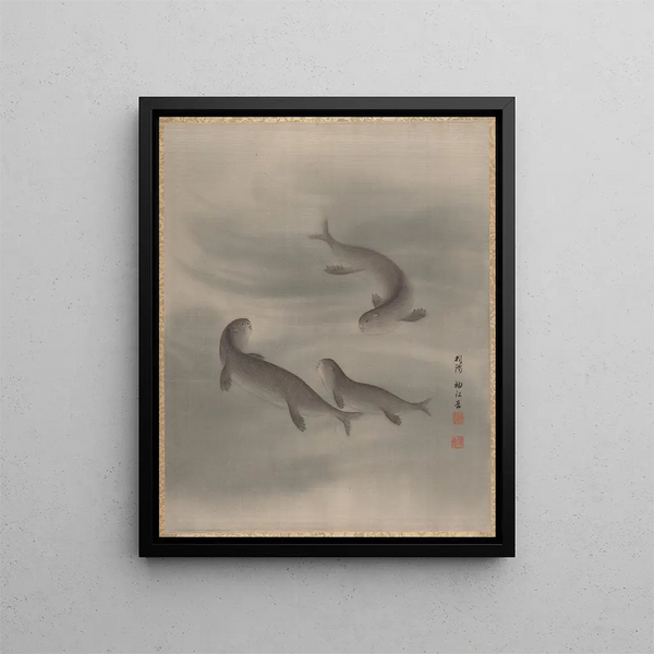 Otters Swimming - Seki Shūko — framed artwork on a wall