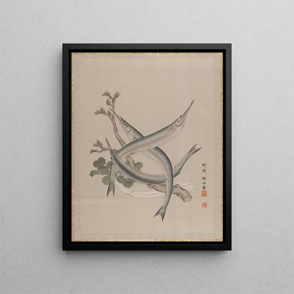 Three Fish and a Branch - Seki Shūko — framed artwork on a wall