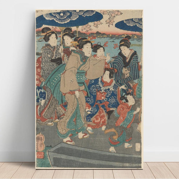 Reproduction of the painting of Seven female figures, two umbrellas - Utagawa Kuniyoshi