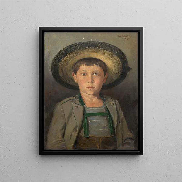 Portrait painting of Robert Maurer, the artist's son, at the age of nine - Serafin Maurer — framed artwork on a wall