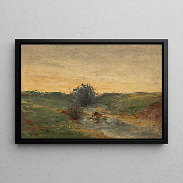 Washer at the stream at sunset - Serafin Maurer — framed artwork on a wall