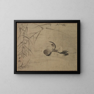 Mandarin Duck Painting - Sesson Shūkei — framed artwork on a wall