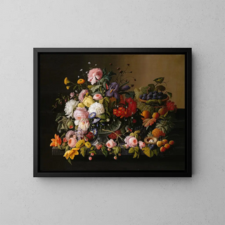 Still life with flowers and fruits - Severin Roesen — framed artwork on a wall