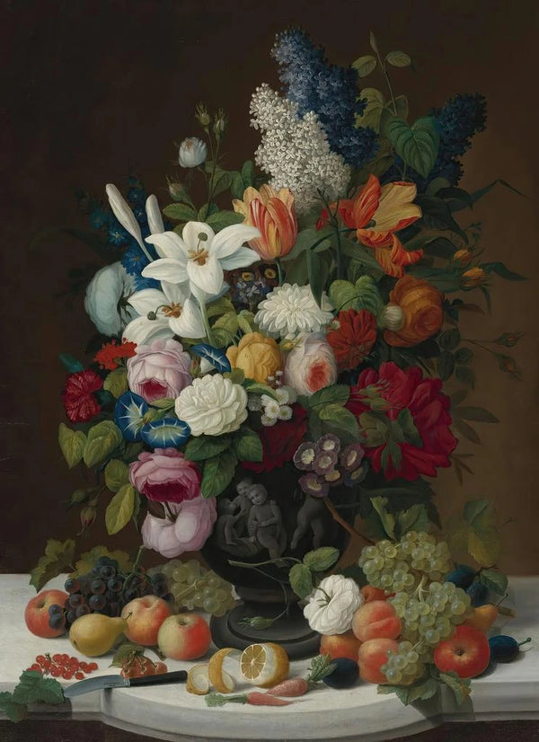 Still Life with Flowers and Fruits - Severin Roesen — framed artwork on a wall