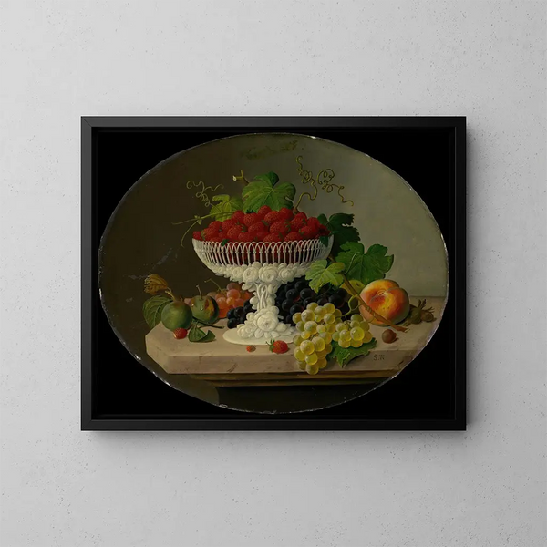 Still life with strawberries in a compote - Severin Roesen — framed artwork on a wall
