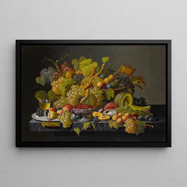 Still life with grapes and wine - Severin Roesen — framed artwork on a wall