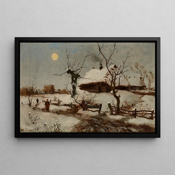 Cottages under the snow - Seweryn Bieszczad — framed artwork on a wall