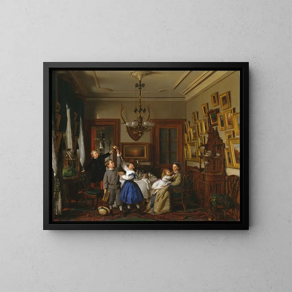 The competition for the bouquet. Robert Gordon's family in their dining room in New York. - Seymour Joseph Guy — framed artwork on a wall