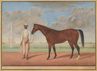 a bay racehorse with a groom - Shaykh Muhammad Amir de Karraya — artwork view