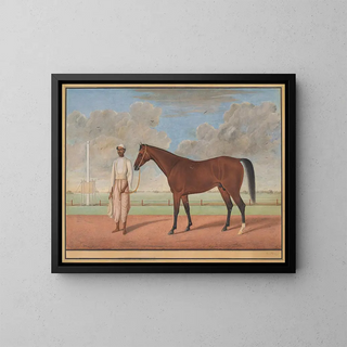 a bay racehorse with a groom - Shaykh Muhammad Amir de Karraya — framed artwork on a wall