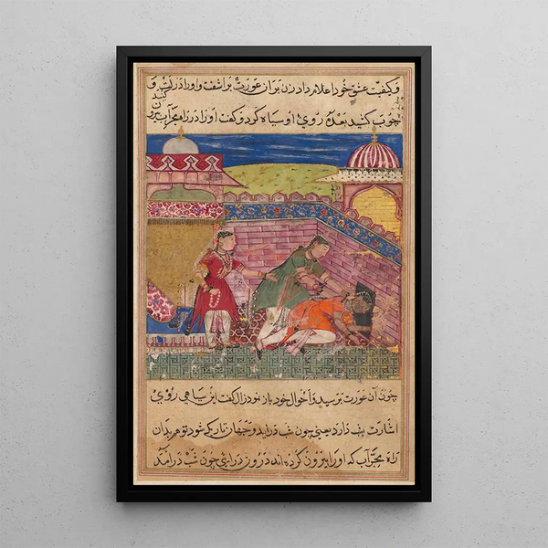 La femme trompeuse ejects the madam after blackening her face with a Tutinama Tales of a Parrot Eighth Night - Shravana — framed artwork on a wall
