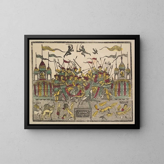 Scene of battle at Kurukshetra from the Mahabharata war - Shri Gobinda Chandra Roy — framed artwork on a wall