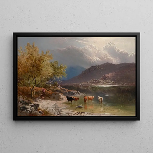 Livestock drinking near a loch - Sidney Richard Percy — framed artwork on a wall