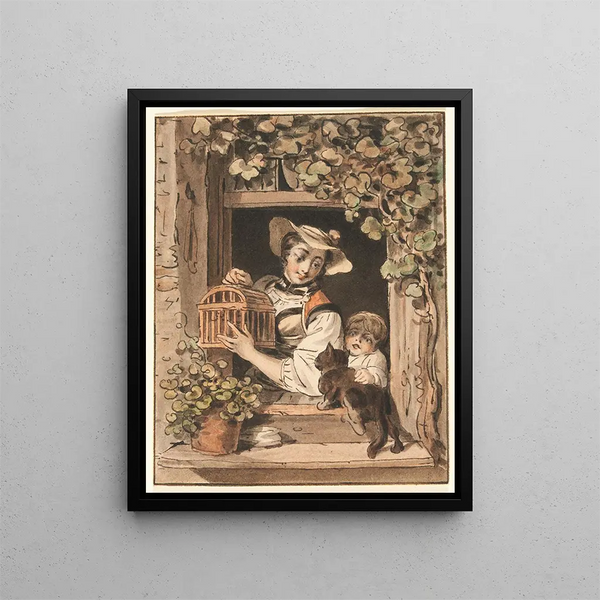 Farm Painting with Child at the Window - Sigmund Freudenberger — framed artwork on a wall