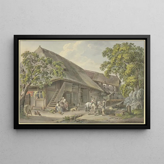 Swiss House Painting with a Well, featuring a Gray Horse Ridden by a Boy - Sigmund Freudenberger — framed artwork on a wall