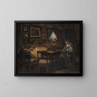 Winter Evening, mother and child - Sigurd Wandel — framed artwork on a wall