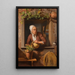 a peasant watering a flower pot on a wooden table with an interior view of her house in the background - Simon Besanger — framed artwork on a wall
