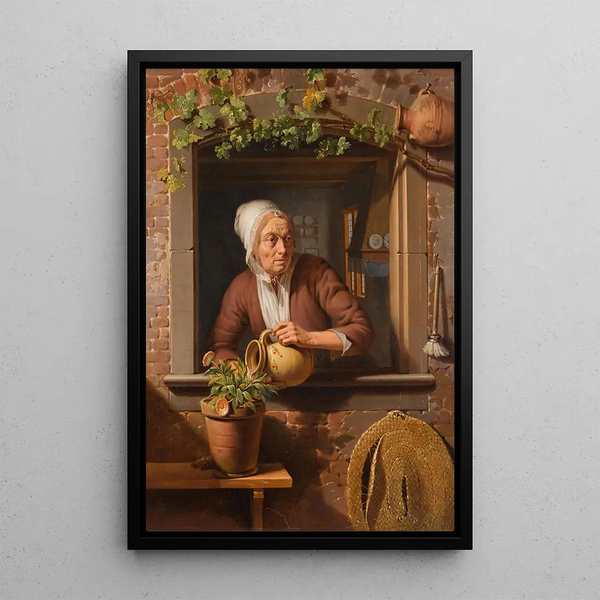 a peasant watering a flower pot on a wooden table with an interior view of her house in the background - Simon Besanger — framed artwork on a wall