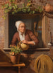 a peasant watering a flower pot on a wooden table with an interior view of her house in the background - Simon Besanger — artwork view