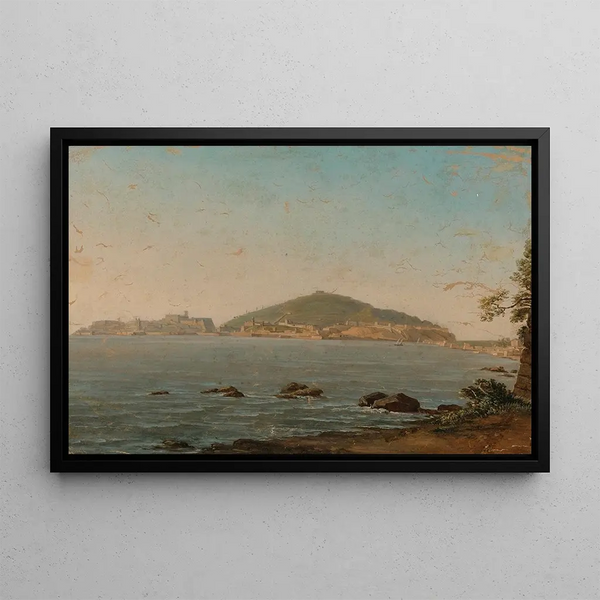 View of Naples from Portici, Castel dell'Ovo on the left - Simon Denis — framed artwork on a wall