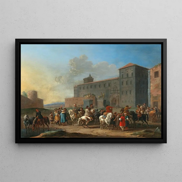 a horse market on Piazza del Quirinale in Rome - Simon Johannes van Douw — framed artwork on a wall