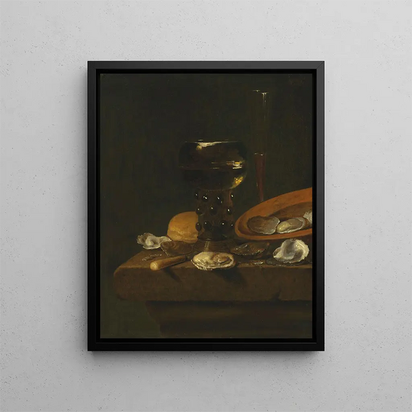 a painting of a wine glass carved with sweet and red wine in Venice, shaped with oysters in an overturned dish and bread on a ledge - Simon Luttichuys — framed artwork on a wall