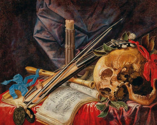 Nature morte vanité with a violin, a clarinet, a skull, a sheet of music, and a candle - Simon Renard de Saint-André — artwork view