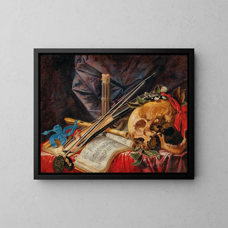 Nature morte vanité with a violin, a clarinet, a skull, a sheet of music, and a candle - Simon Renard de Saint-André — framed artwork on a wall
