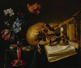 Still life with a skull, a music book, a snuffed-out candle, a bouquet of wilted flowers, and other vanities objects on a table - Simon Renard de Saint-André — artwork view