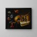 Still life with a skull, a music book, a snuffed-out candle, a bouquet of wilted flowers, and other vanities objects on a table - Simon Renard de Saint-André — framed artwork on a wall