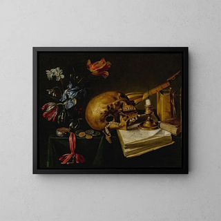 Still life with a skull, a music book, a snuffed-out candle, a bouquet of wilted flowers, and other vanities objects on a table - Simon Renard de Saint-André — framed artwork on a wall