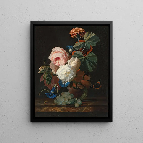 Roses, columbines, and poppies painting in a glass vase on a marble ledge with some grapes - Simon Verelst — framed artwork on a wall