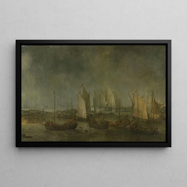 La Bataille de Slaak entre les Flottes Néerlandaise et Espagnole pendant la Nuit du 12 au 13 Septembre 1631 - Simon de Vlieger — framed artwork on a wall