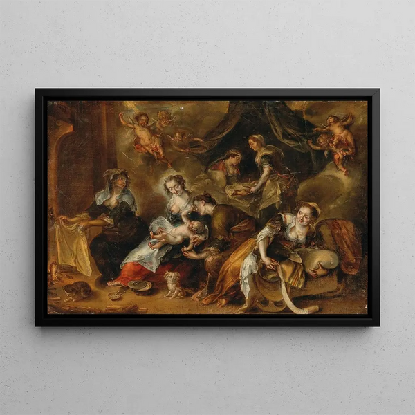 The Birth of the Virgin - Simon de Vos — framed artwork on a wall