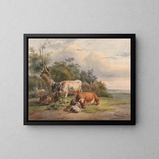 Landscape with Livestock near a Tree - Simon van den Berg — framed artwork on a wall